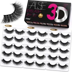 Eliace False Eyelashes Natural look Cat Eye Lashes Wispy, 3D Mink lashes Fluffy Long Thick, Fake Eyelashes Cross Wispy Volume Lash Soft Reusable Dramatic, 15 Pairs, Sierra Style