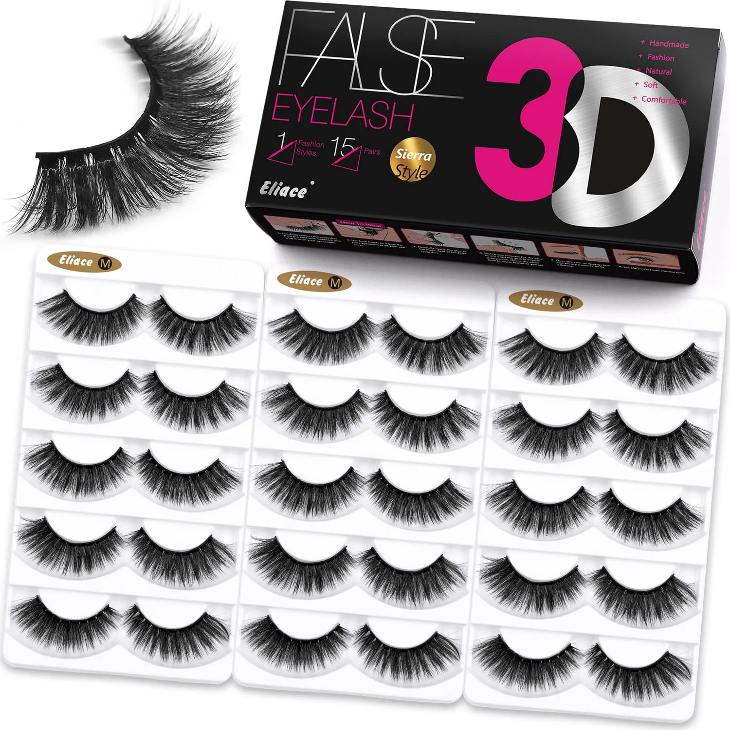 Eliace False Eyelashes Natural look Cat Eye Lashes Wispy, 3D Mink lashes Fluffy Long Thick, Fake Eyelashes Cross Wispy Volume Lash Soft Reusable Dramatic, 15 Pairs, Sierra Style