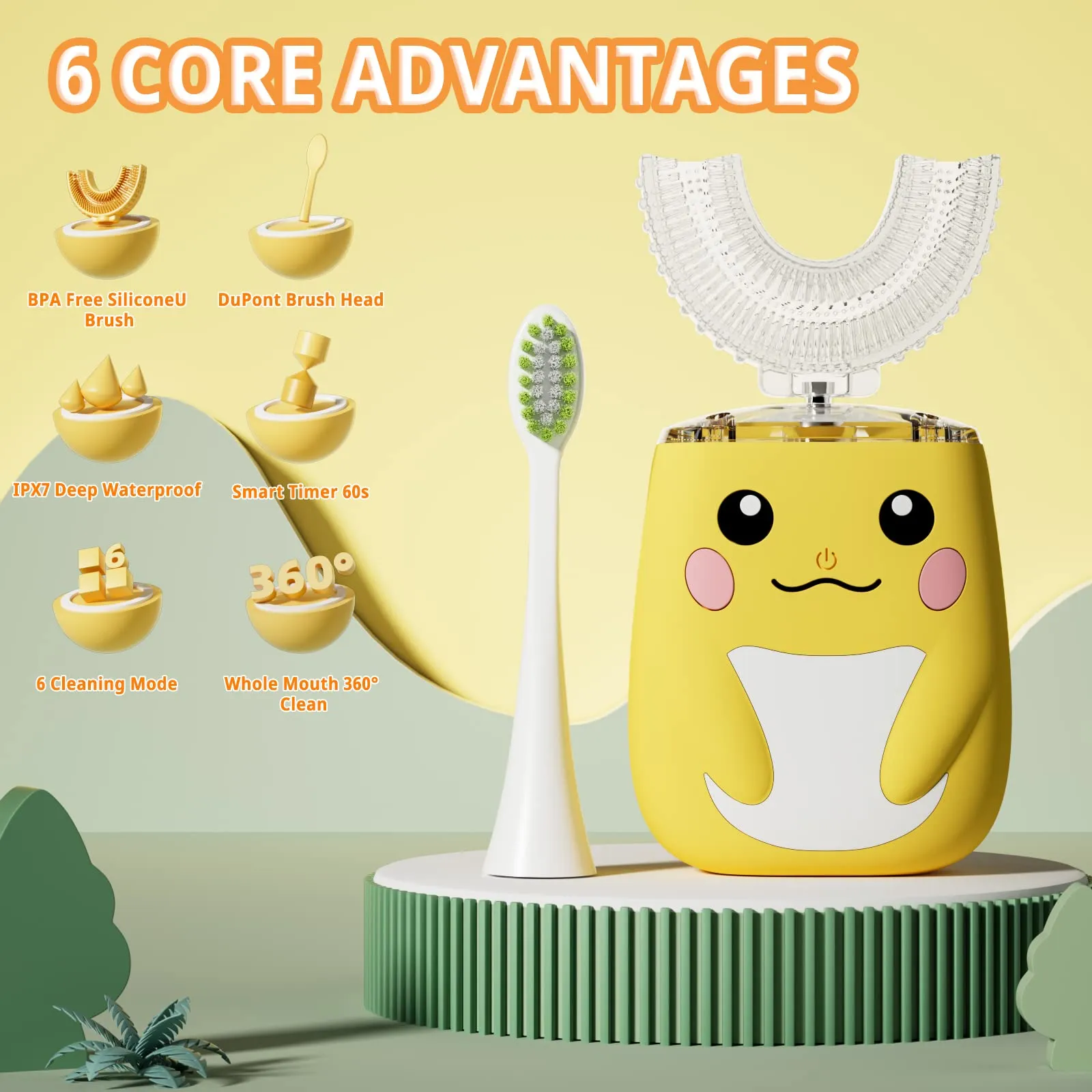 ELOTAME Kids U Shaped Electric Toothbrush with 4 Brush Heads, Cartoon Sonic Automatic Toothbrush with 6 Cleaning Modes, 360-Degree Cleaning, IPX7 Waterproof (8-15 Age Smiling Face)