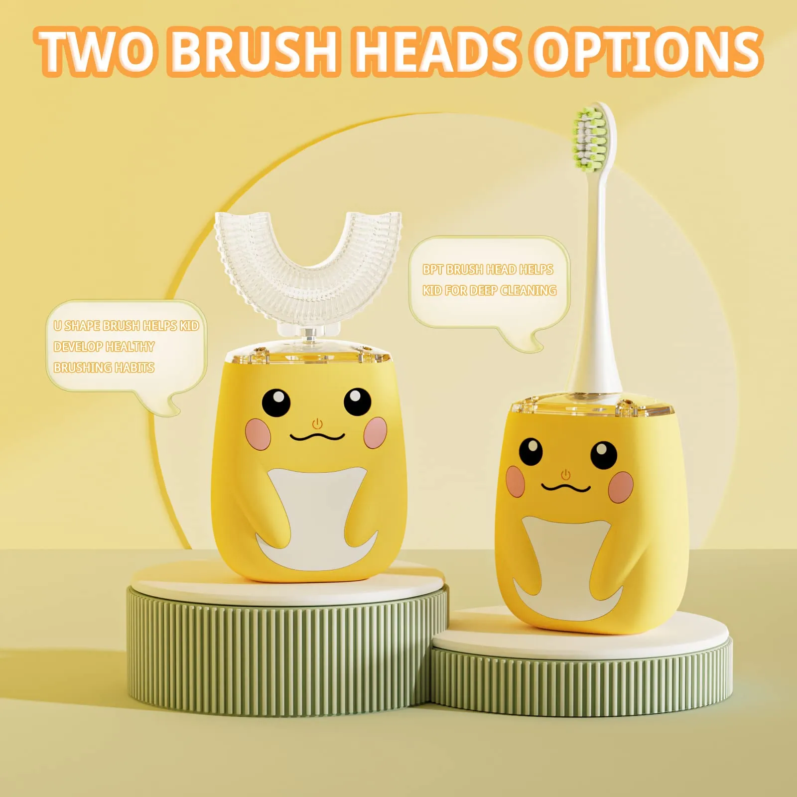 ELOTAME Kids U Shaped Electric Toothbrush with 4 Brush Heads, Cartoon Sonic Automatic Toothbrush with 6 Cleaning Modes, 360-Degree Cleaning, IPX7 Waterproof (8-15 Age Smiling Face)