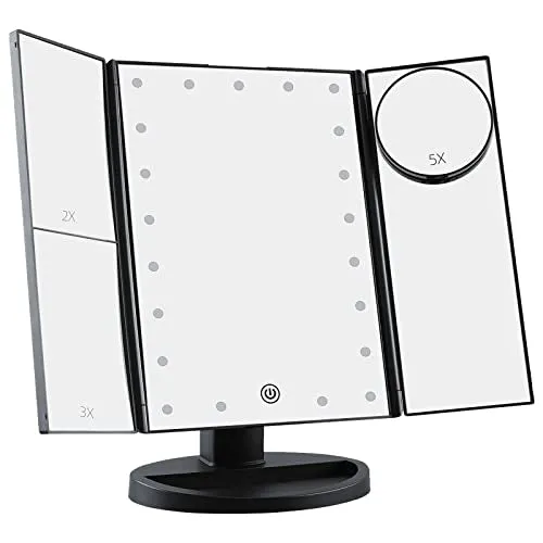 Essbhach 21LED Lighted Vanity Makeup Mirror, 4 Magnifications and Touch Screen Dimming,180° Rotation Trifold Cosmetic Mirror with Dual Power and Adjustable Brightness, Gift for Mothers Day