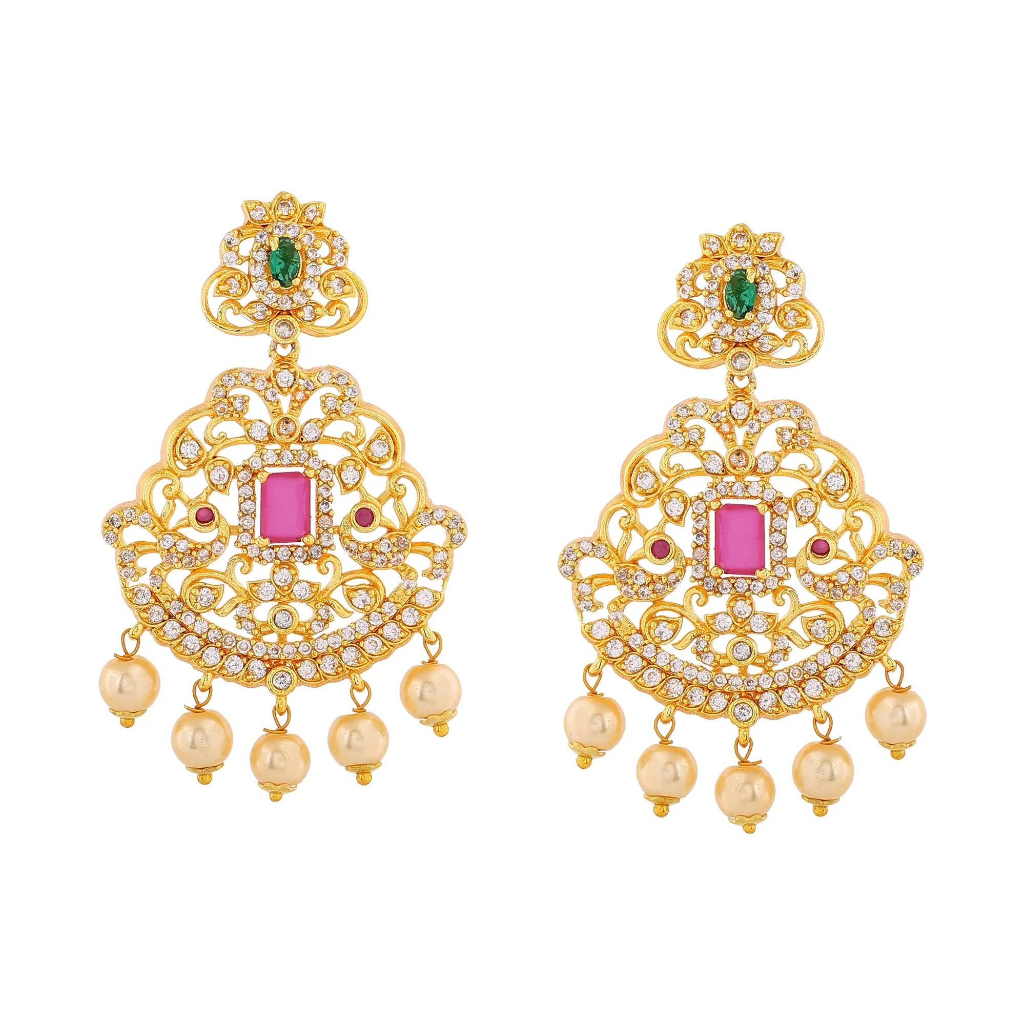 Estele Gold Plated CZ Majestic Moti Haar Necklace Set with Color Stones & Pearls for Women