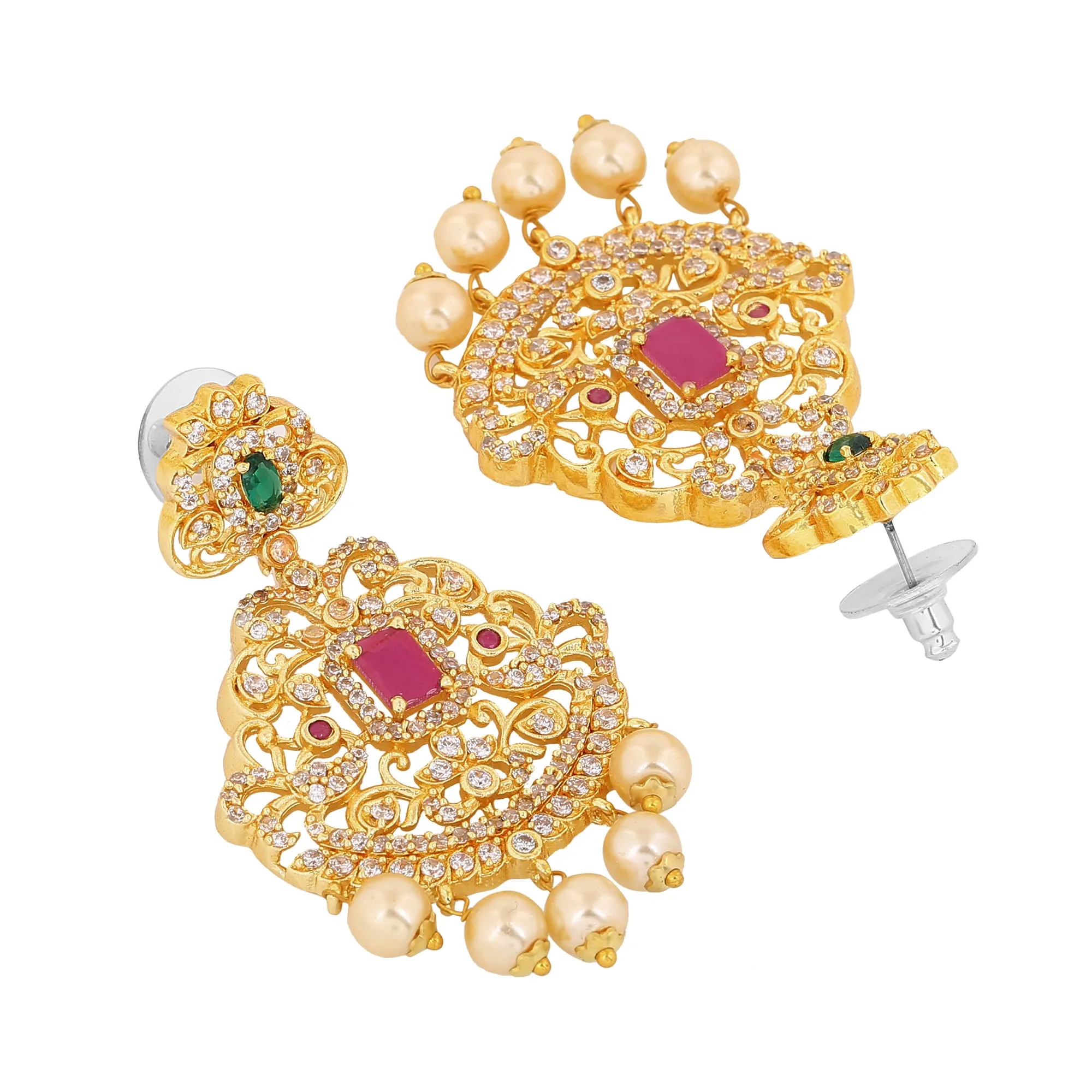 Estele Gold Plated CZ Majestic Moti Haar Necklace Set with Color Stones & Pearls for Women