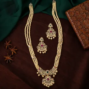 Estele Gold Plated CZ Majestic Moti Haar Necklace Set with Color Stones & Pearls for Women
