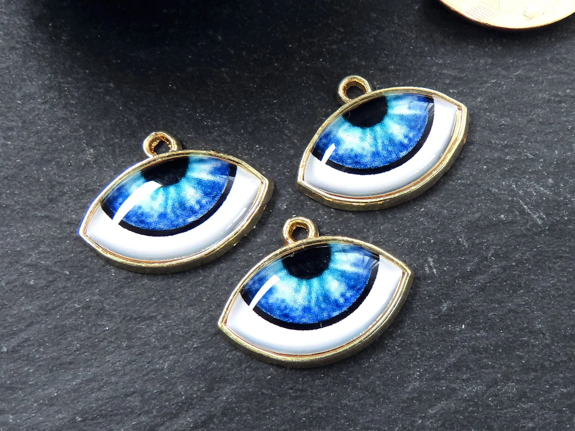 Evil Eye Charm Pendant, Light Blue Ellipse Eye Pendant, Protective Talisman, Shiny 22k Gold Plated, 3pc