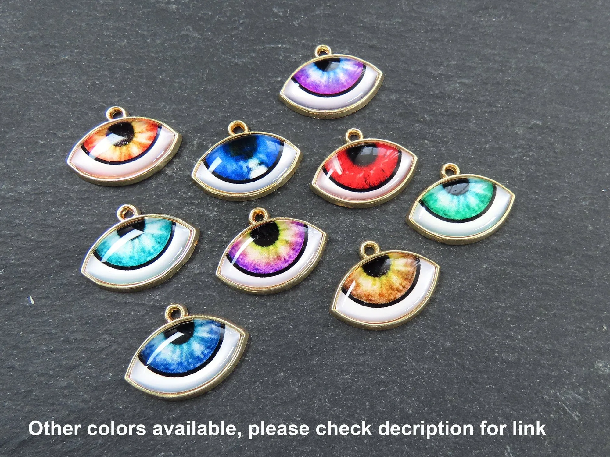 Evil Eye Charm Pendant, Light Blue Ellipse Eye Pendant, Protective Talisman, Shiny 22k Gold Plated, 3pc
