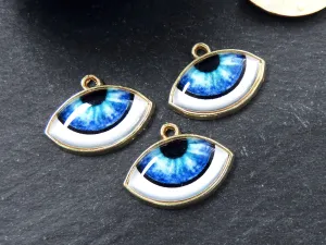 Evil Eye Charm Pendant, Light Blue Ellipse Eye Pendant, Protective Talisman, Shiny 22k Gold Plated, 3pc