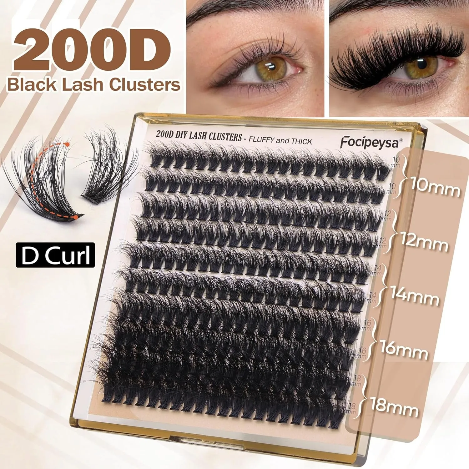 Focipeysa Lash Extension Kit Thick Eyelash Extension Kit 10-18Mm Fluffy Lash Clusters 200D Individual Eyelashes Kit with Lash Bond, Lash Remover, Lash Applicator, DIY Lashes Extension