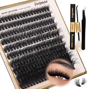 Focipeysa Lash Extension Kit Thick Eyelash Extension Kit 10-18Mm Fluffy Lash Clusters 200D Individual Eyelashes Kit with Lash Bond, Lash Remover, Lash Applicator, DIY Lashes Extension