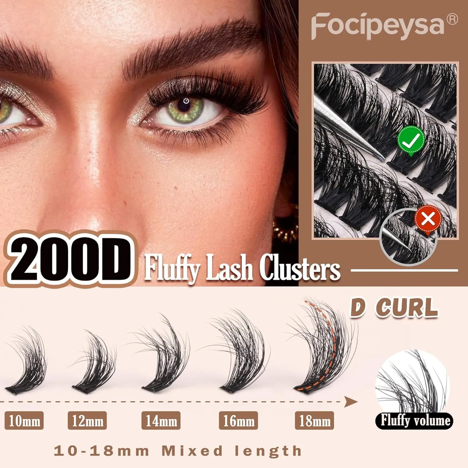 Focipeysa Lash Extension Kit Thick Eyelash Extension Kit 10-18Mm Fluffy Lash Clusters 200D Individual Eyelashes Kit with Lash Bond, Lash Remover, Lash Applicator, DIY Lashes Extension