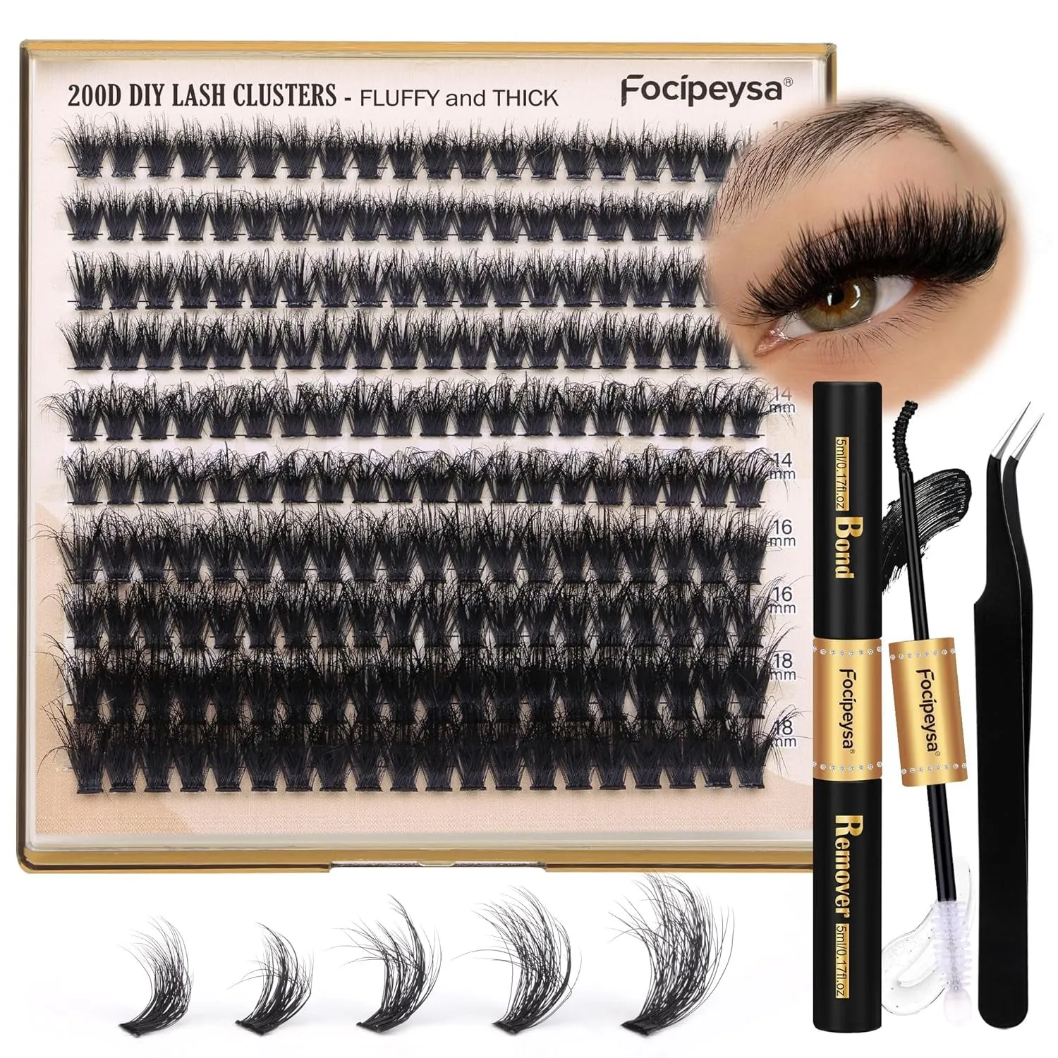 Focipeysa Lash Extension Kit Thick Eyelash Extension Kit 10-18Mm Fluffy Lash Clusters 200D Individual Eyelashes Kit with Lash Bond, Lash Remover, Lash Applicator, DIY Lashes Extension