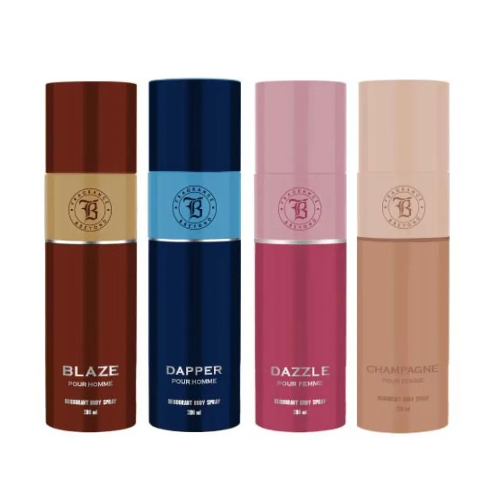 Fragrance & Beyond Body Deodorant for Men & Women (Pack of 4) - 200ml Each | Blaze, Dapper, Dazzle, Champagne