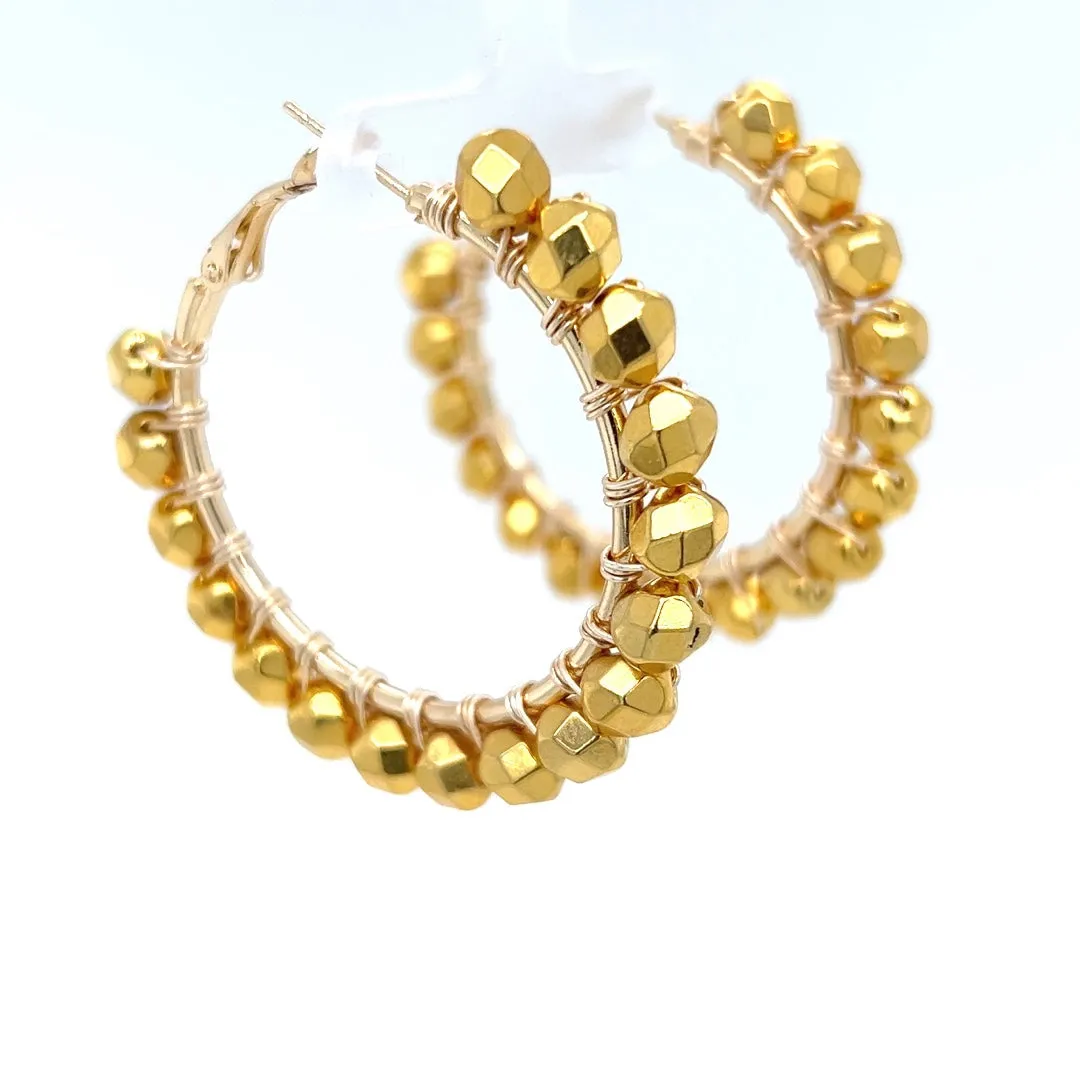 Gold Beaded Gold Hoop Earrings Medium