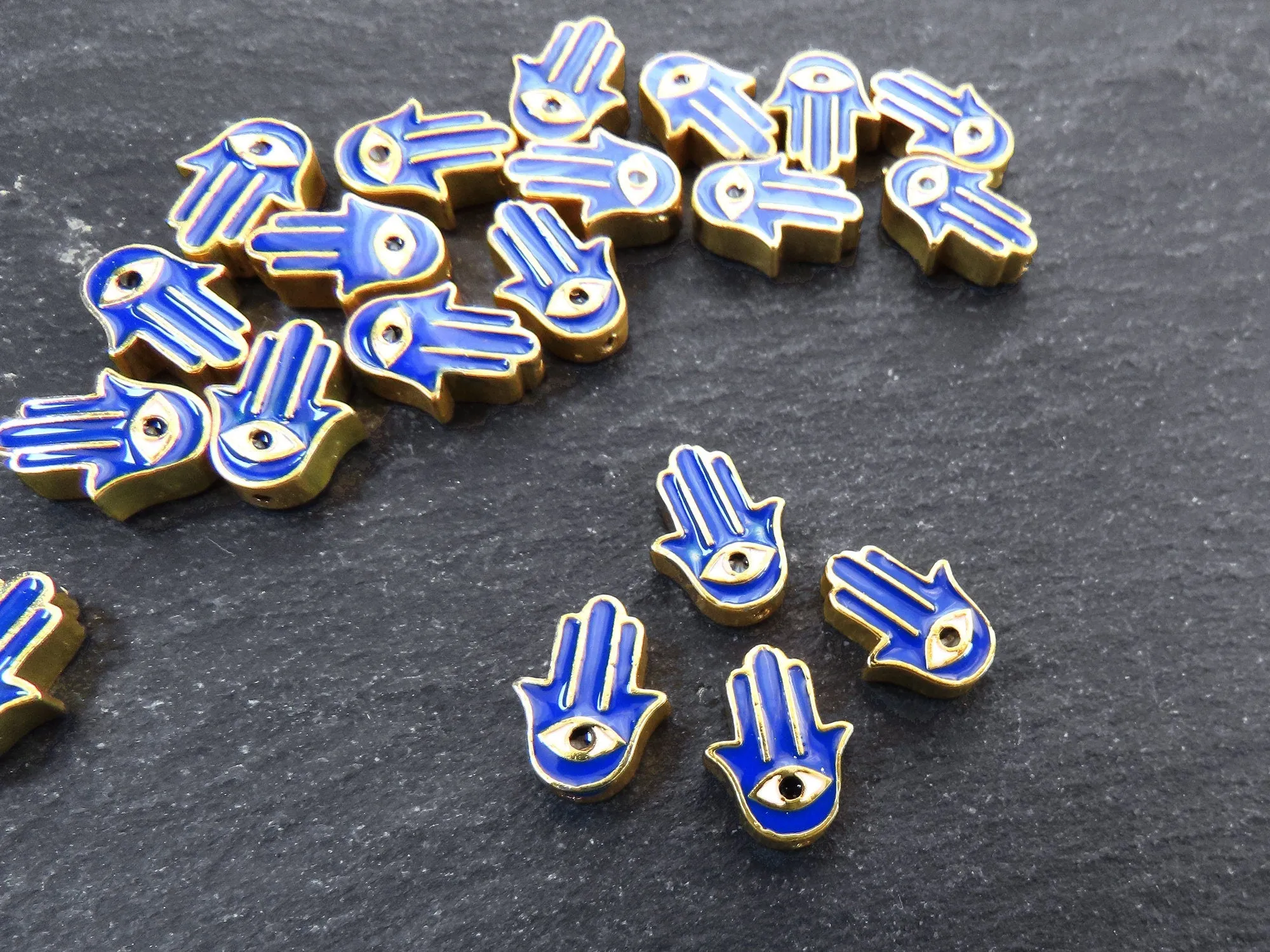 Hamsa Hand Evil Eye Beads, Blue Evil Eye, Enamel Bead, Bead Spacer, Hand of Fatima Charm, Eye Charms, Shiny Gold Plated, 9x13mm, 4pc,