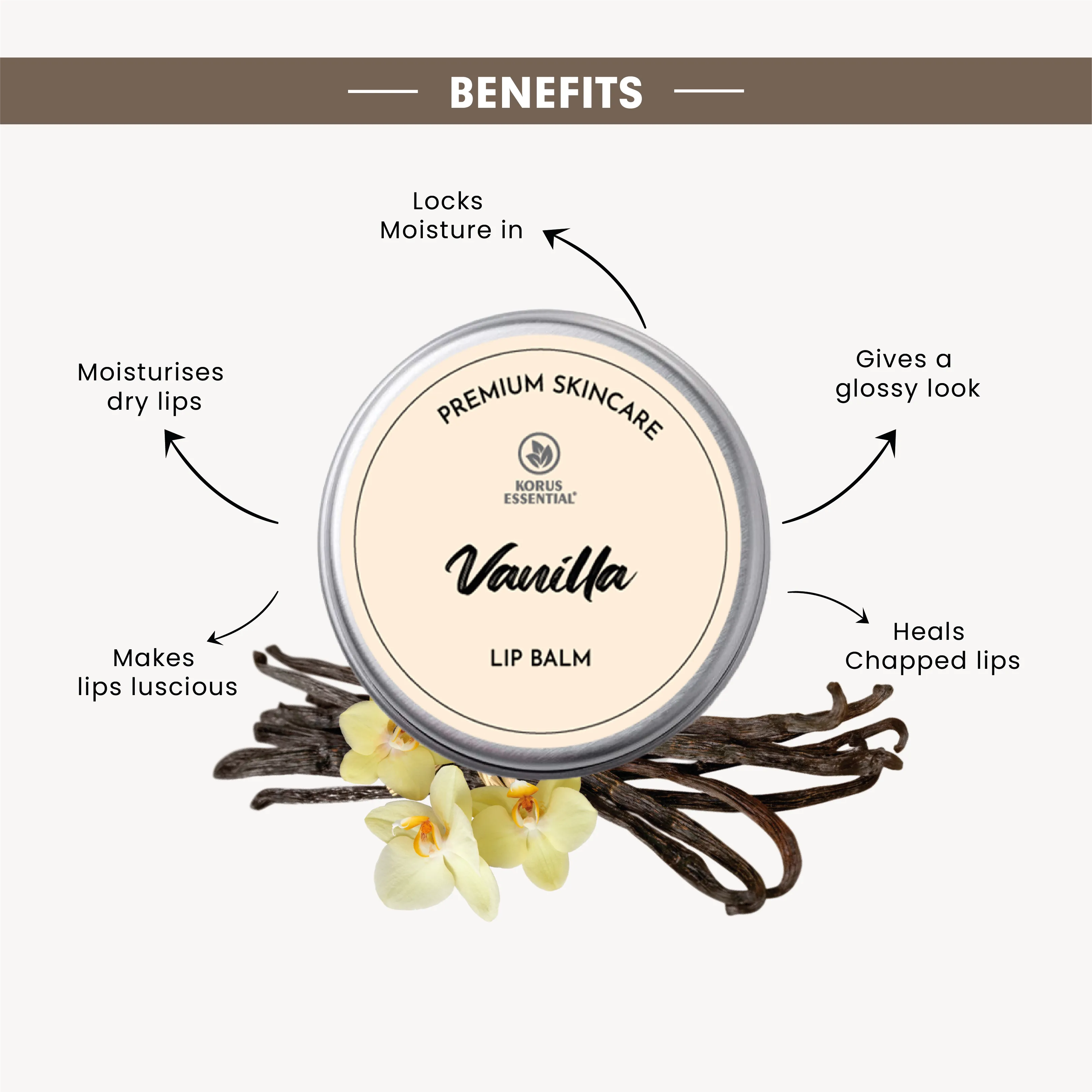 Korus Essential Vanilla Lip Balm with Shea Butter  - 8 Grams