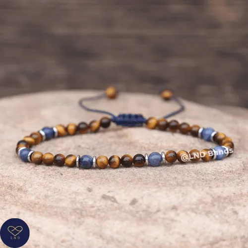 Lapis Lazuli Tiger Eye Bracelet 4mm round beads, Adjustable Tibetan Minimalist Gemstone Bracelet, Yoga Ethno Boho, Gift for him, strength