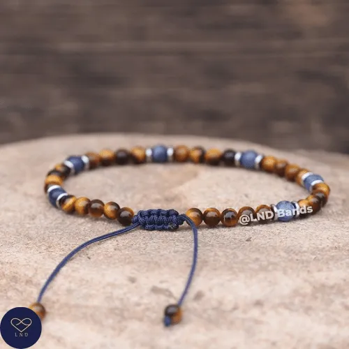 Lapis Lazuli Tiger Eye Bracelet 4mm round beads, Adjustable Tibetan Minimalist Gemstone Bracelet, Yoga Ethno Boho, Gift for him, strength