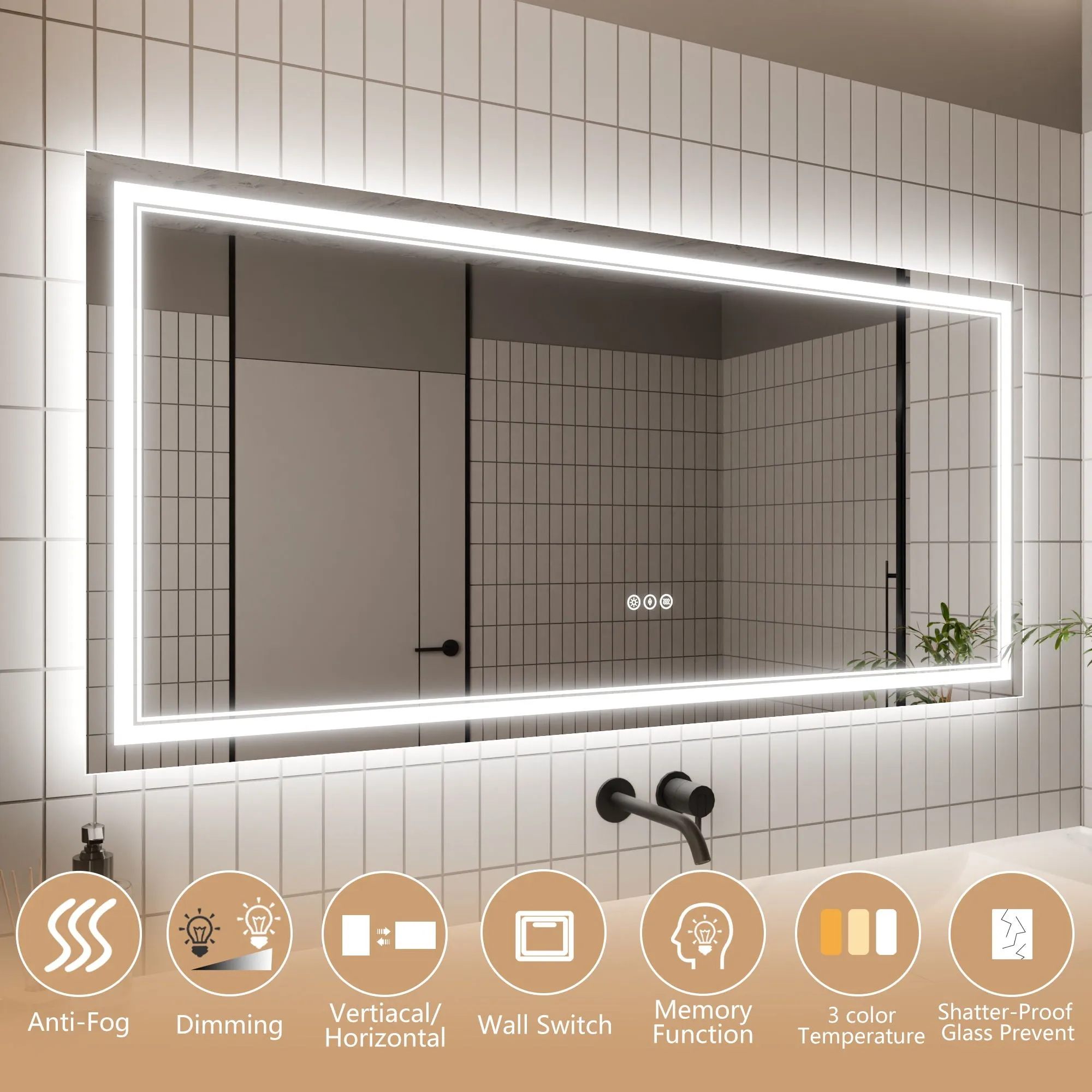 Led Bathroom Mirror, 28X60" Bathroom Vanity Mirrors With Lights, Mirrors For Wall With Smart Touch Button, Anti - Fog, Memory Function, Stepless Dimmable Makeup Mirror (Horizontal / Vertical)