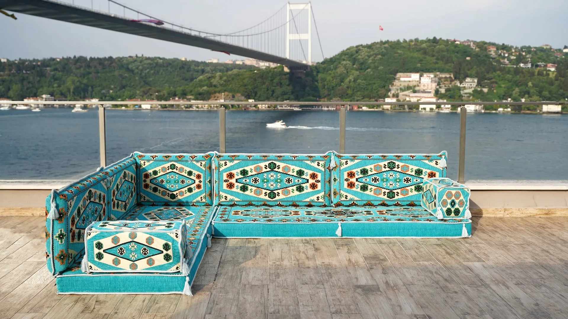 Light Blue Corner Arabic Seating Furniture, Handmade Livingroom Sofa, Arabic Floor Sofa, Moroccan Livingroom Sofa