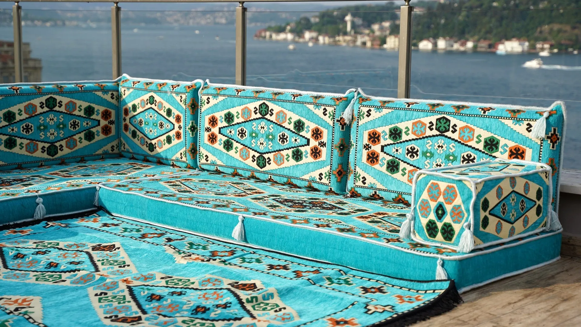 Light Blue Corner Arabic Seating Furniture, Handmade Livingroom Sofa, Arabic Floor Sofa, Moroccan Livingroom Sofa