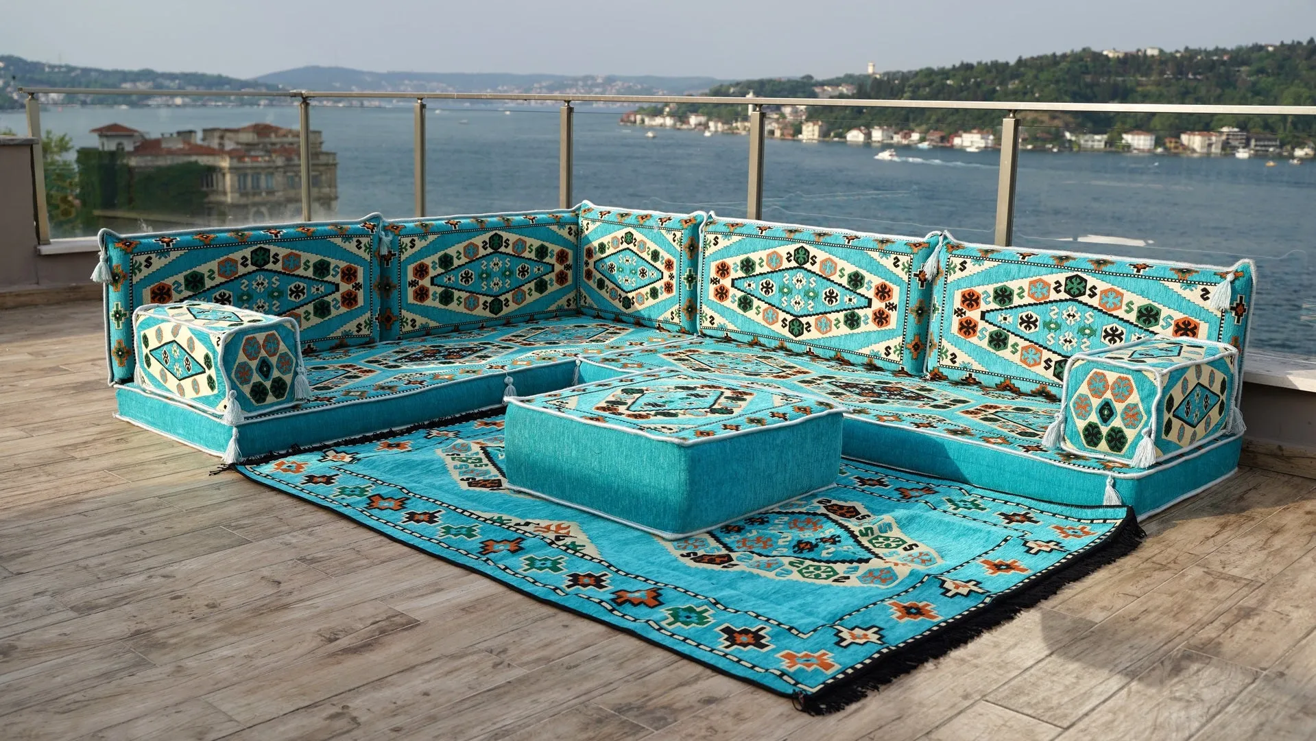 Light Blue Corner Arabic Seating Furniture, Handmade Livingroom Sofa, Arabic Floor Sofa, Moroccan Livingroom Sofa
