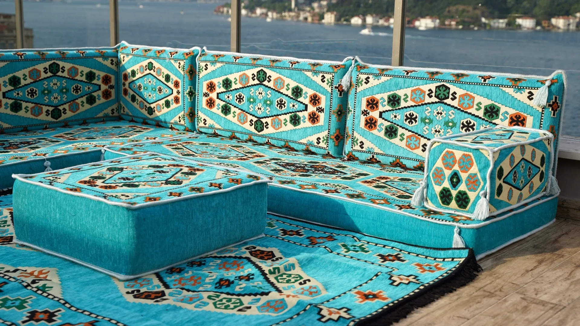 Light Blue Corner Arabic Seating Furniture, Handmade Livingroom Sofa, Arabic Floor Sofa, Moroccan Livingroom Sofa