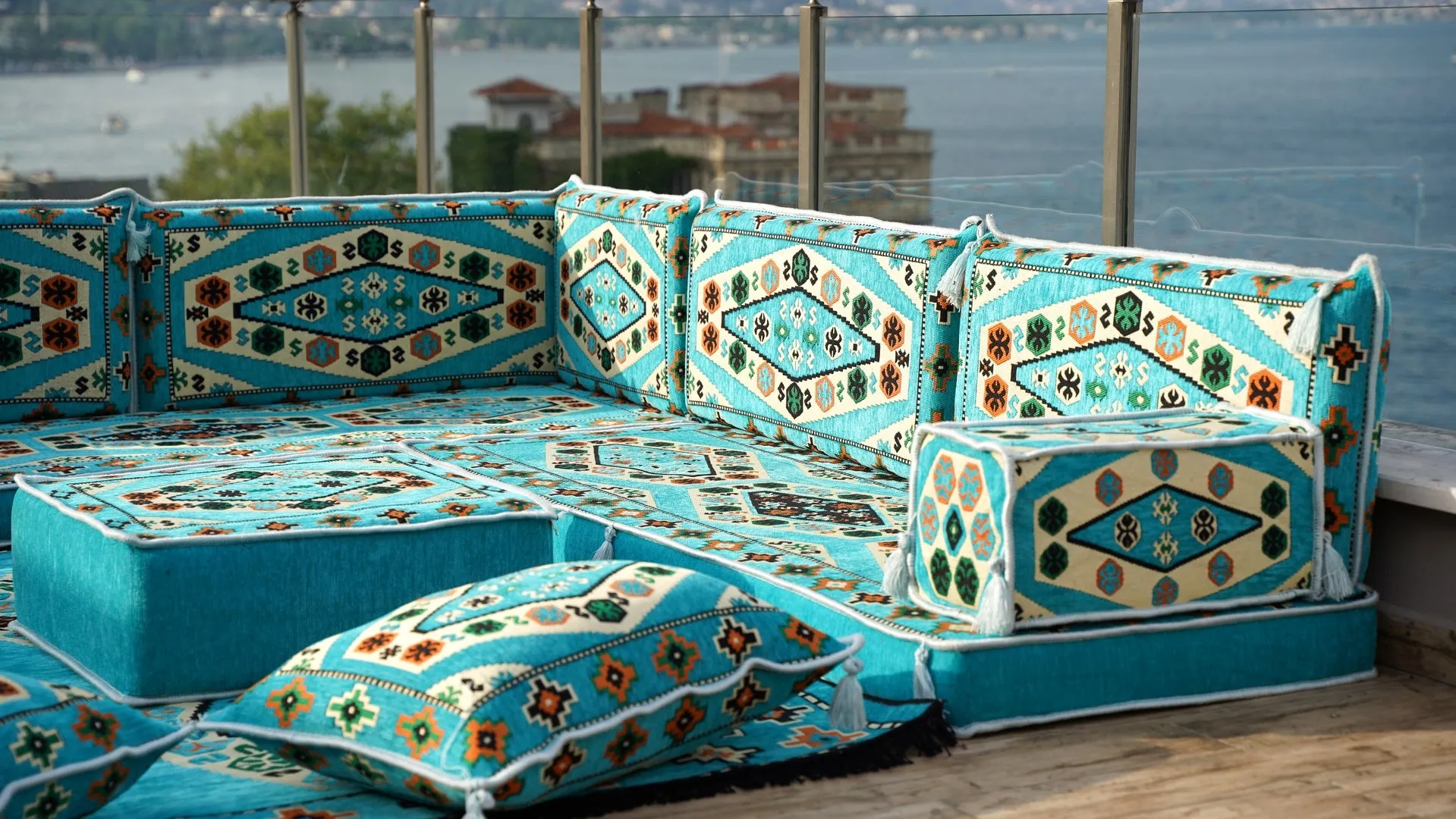 Light Blue Corner Arabic Seating Furniture, Handmade Livingroom Sofa, Arabic Floor Sofa, Moroccan Livingroom Sofa