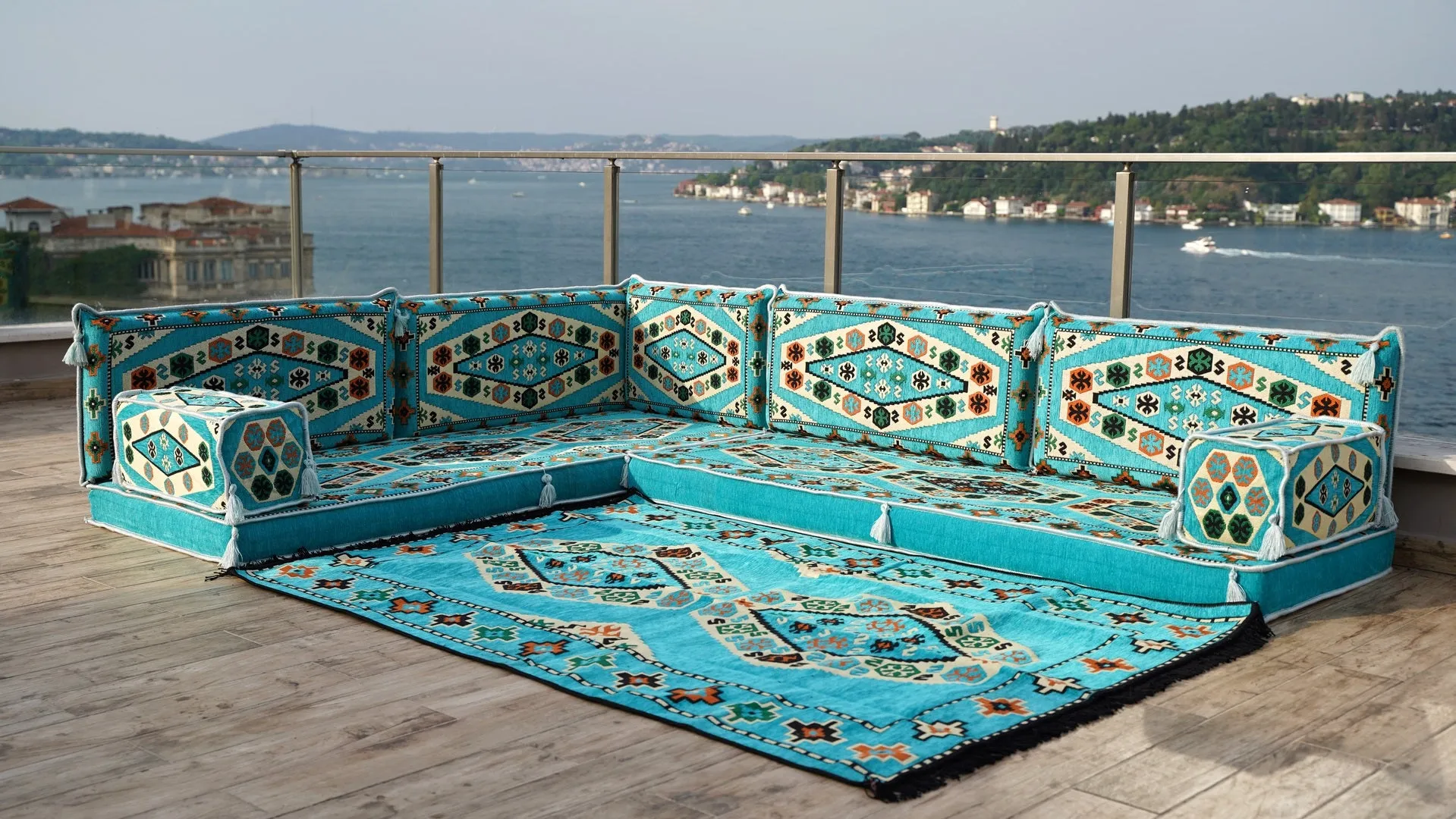 Light Blue Corner Arabic Seating Furniture, Handmade Livingroom Sofa, Arabic Floor Sofa, Moroccan Livingroom Sofa