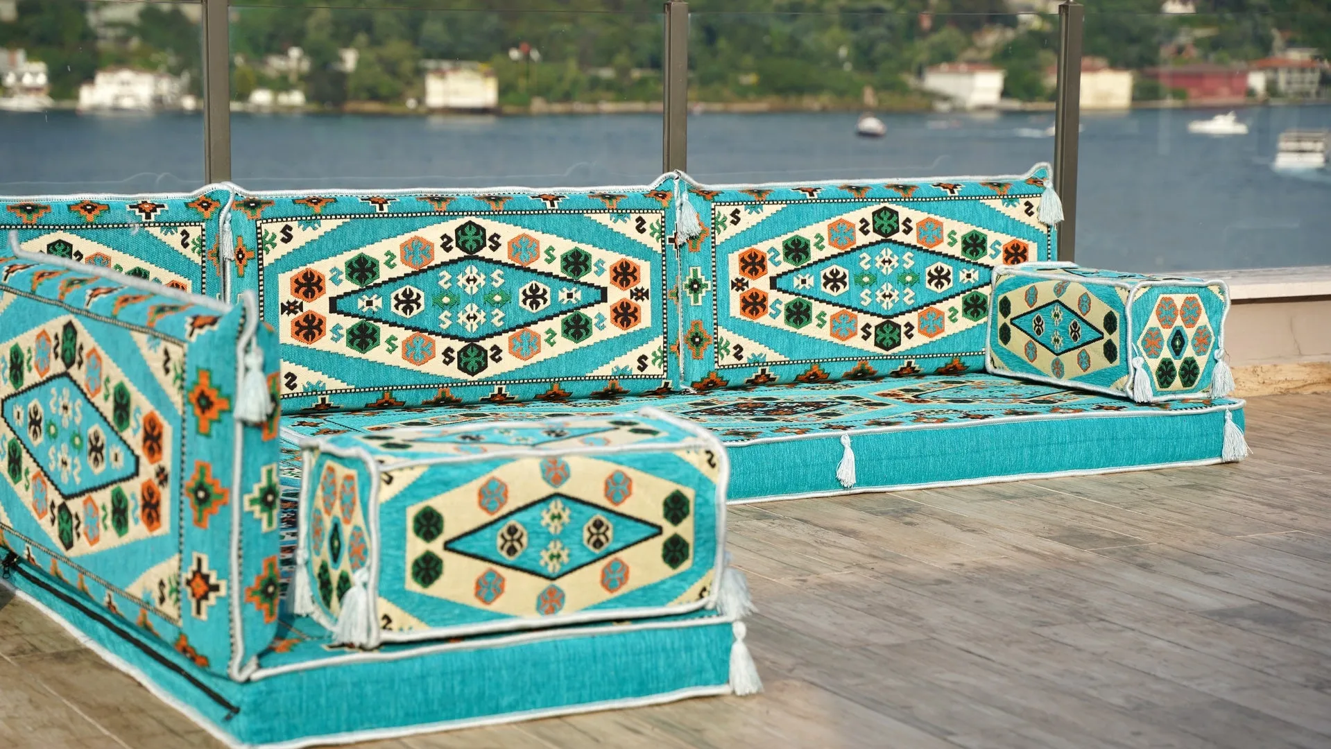 Light Blue Corner Arabic Seating Furniture, Handmade Livingroom Sofa, Arabic Floor Sofa, Moroccan Livingroom Sofa