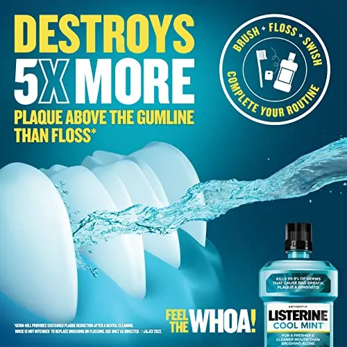 Listerine Mouthwash, Antiseptic, Antibacterial, Bad Breath Treatment, Plaque & Gingivitis Protection, Gum Disease Treatment, Mouth Wash for Adults; Cool Mint Flavor, 1 L (Pack of 2)