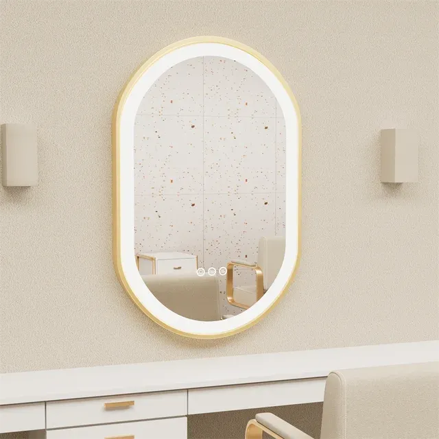 Luxury Oval LED Illuminated Bathroom Mirror with Demister Pad - Gold Aluminum Frame