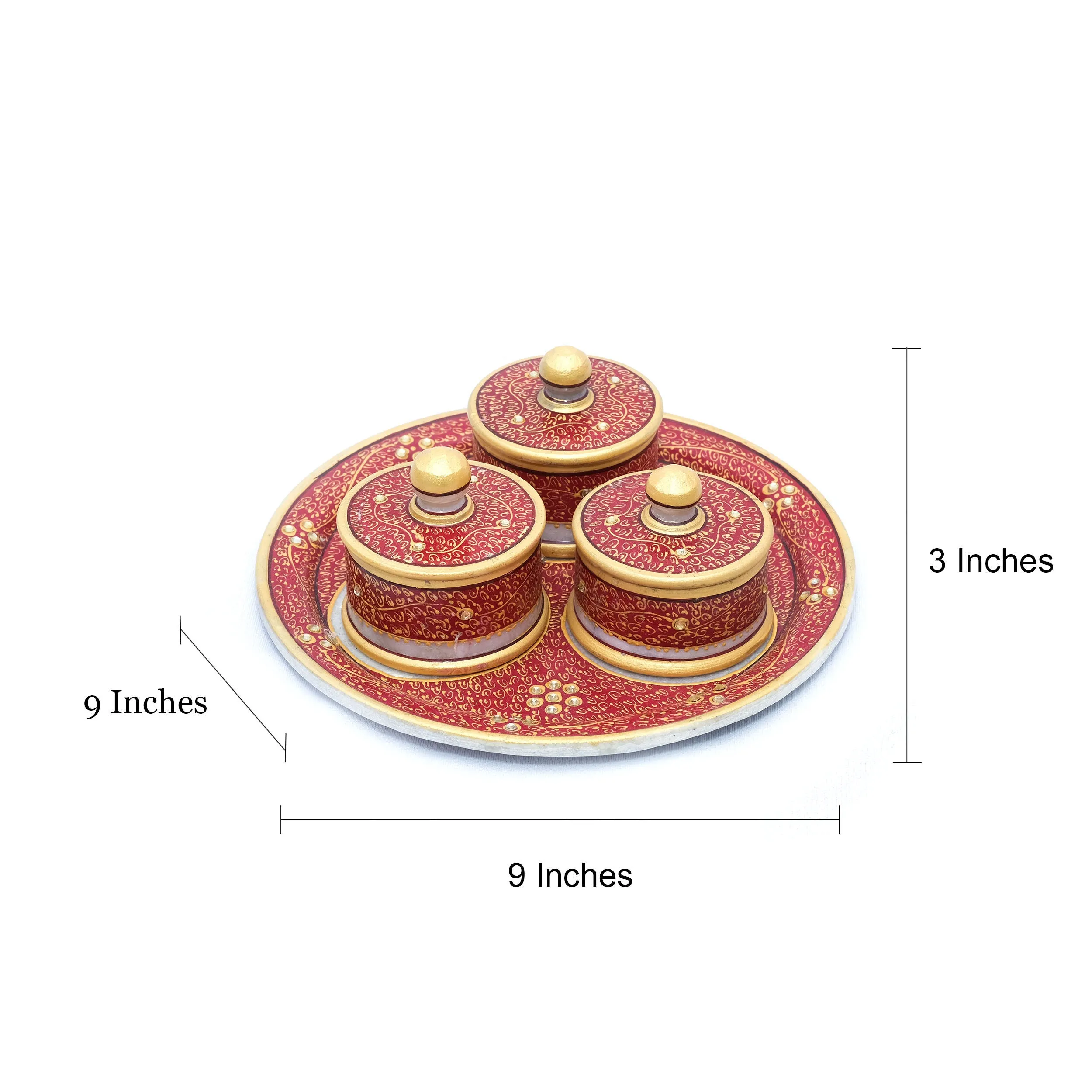 Marble Tray Set with 3 Round Boxes Round shaped Minakari Handpainted Work Red Color