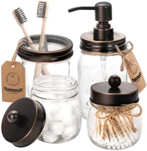 Mason Jar Bathroom Accessories Set 4 - Mason Jar Soap Dispenser & 2 Apothecary Jars & Toothbrush Holder - Rustic Farmhouse Restroom, Bathroom Home Decor Clearance, Countertop Vanity Organizer, Black