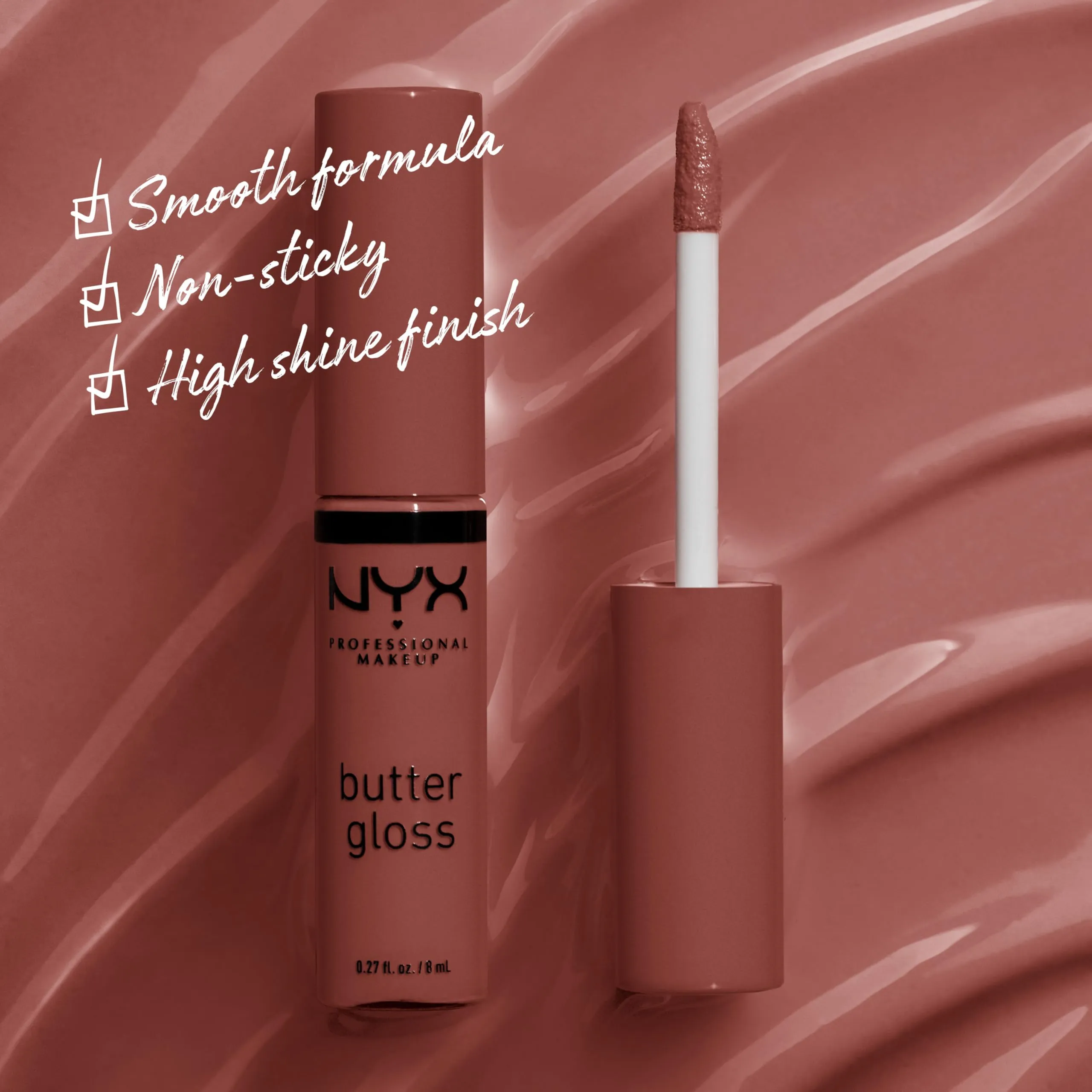 NYX Professional Makeup Butter Gloss, Silky smooth non-sticky formula lip gloss, Praline (Deep Nude), 8mL