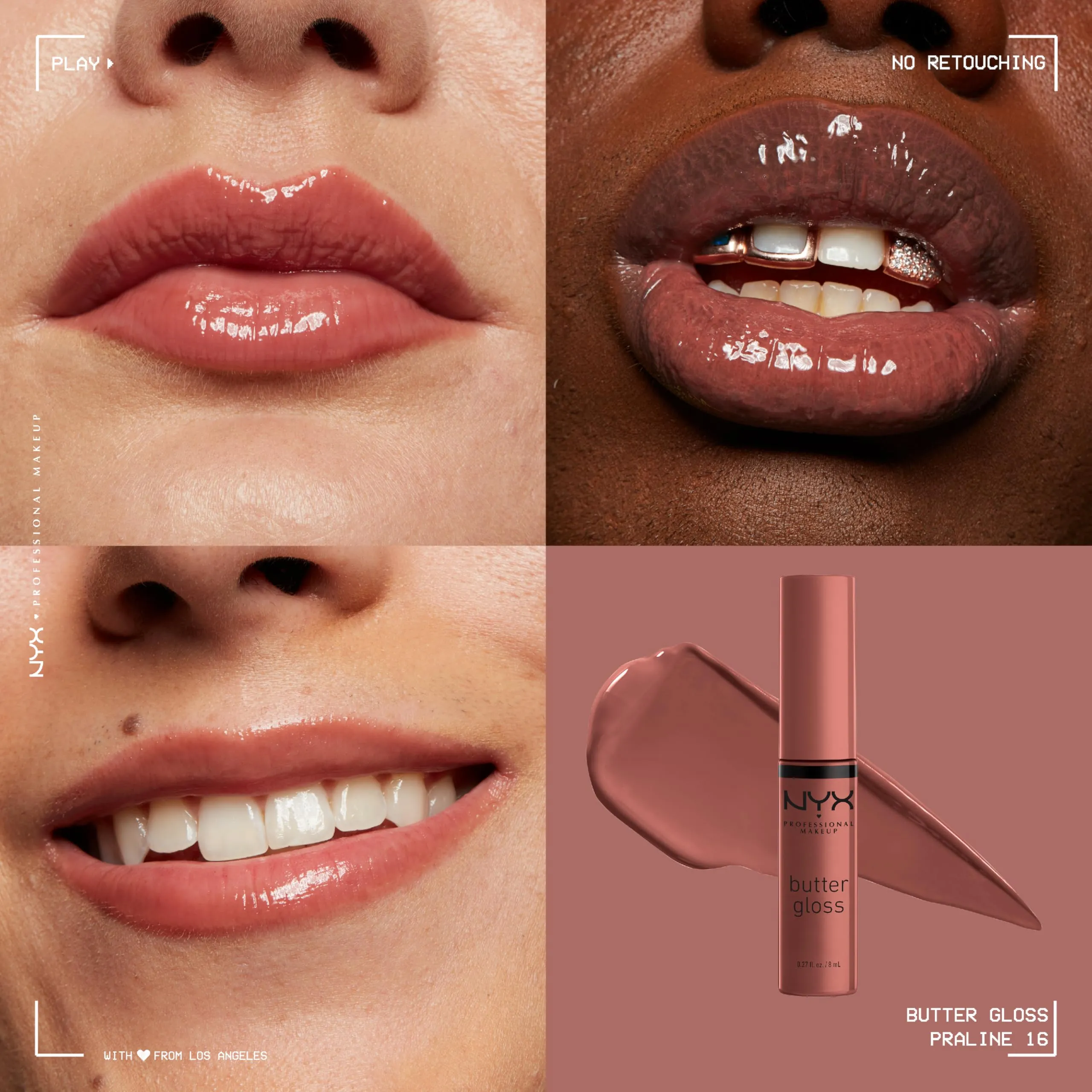 NYX Professional Makeup Butter Gloss, Silky smooth non-sticky formula lip gloss, Praline (Deep Nude), 8mL