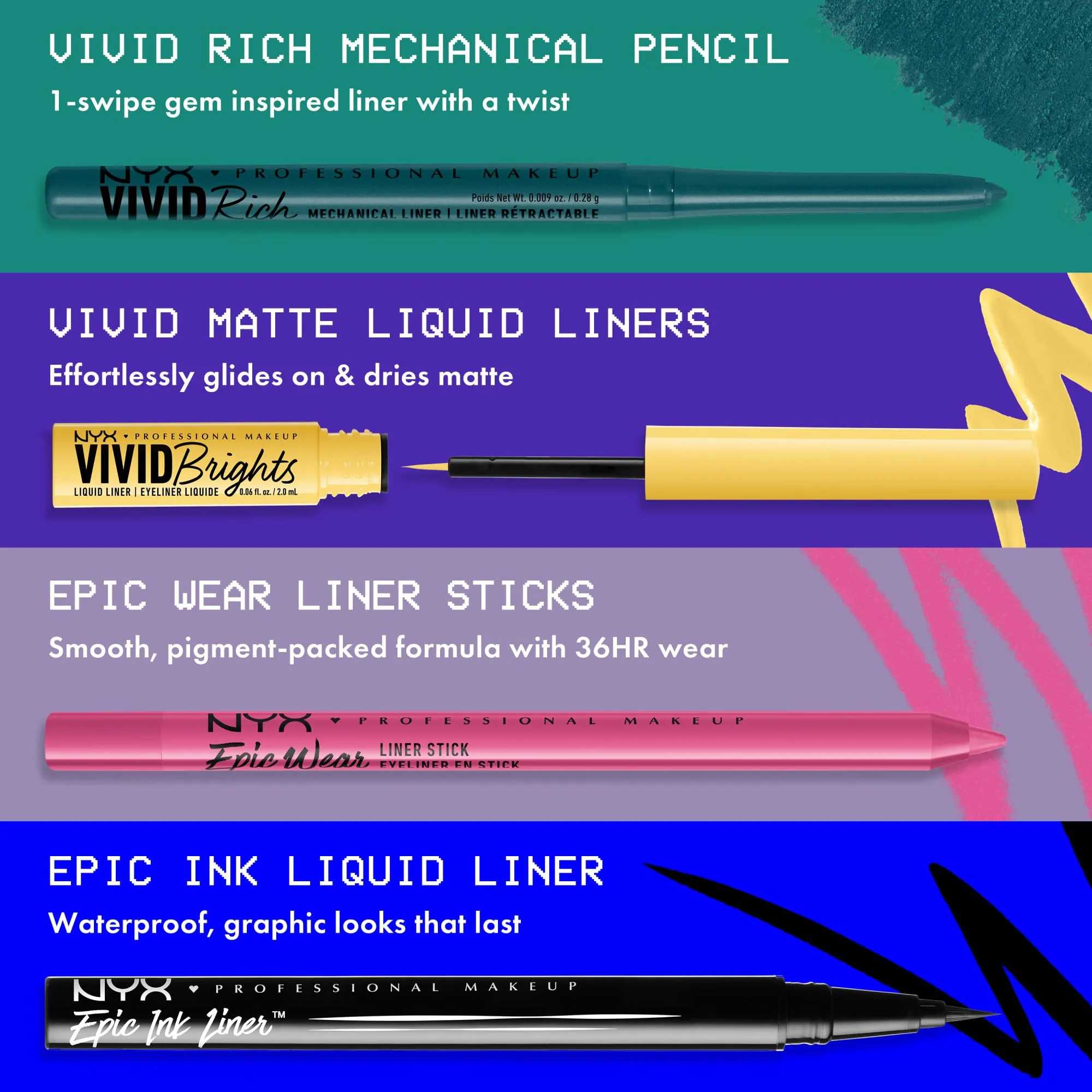 NYX PROFESSIONAL MAKEUP, Vivid Rich Mechanical Pencil, Eyeliner, Rich shades, Vegan Formula - It's Giving Jade (Green)