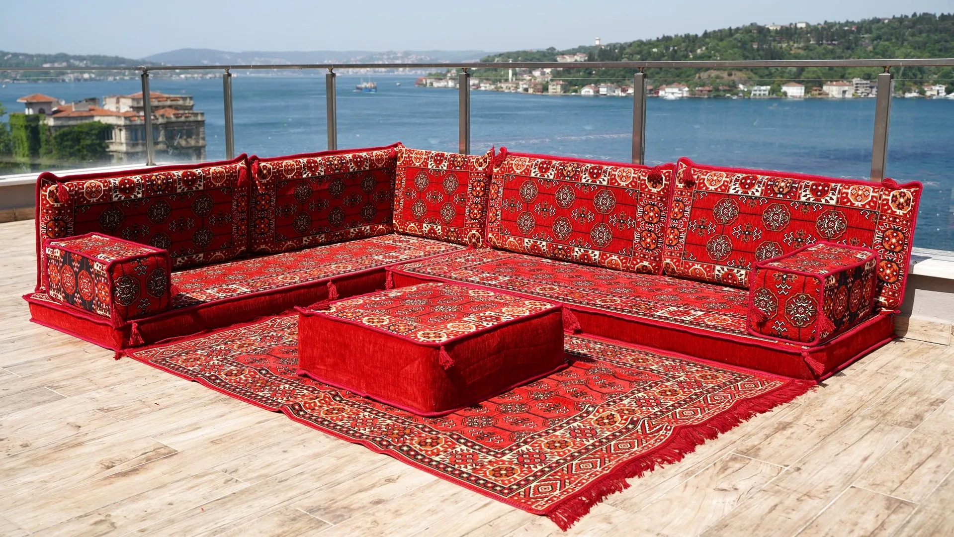 Red Floor Sofa Seating Set, Traditional Arabic Sofa Set, Oriental Floor Seating, Floor Cushions, Living Room Sofa