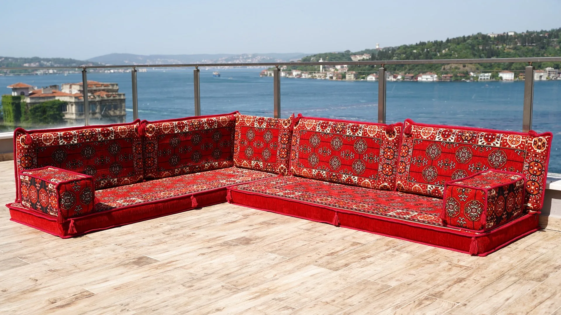 Red Floor Sofa Seating Set, Traditional Arabic Sofa Set, Oriental Floor Seating, Floor Cushions, Living Room Sofa