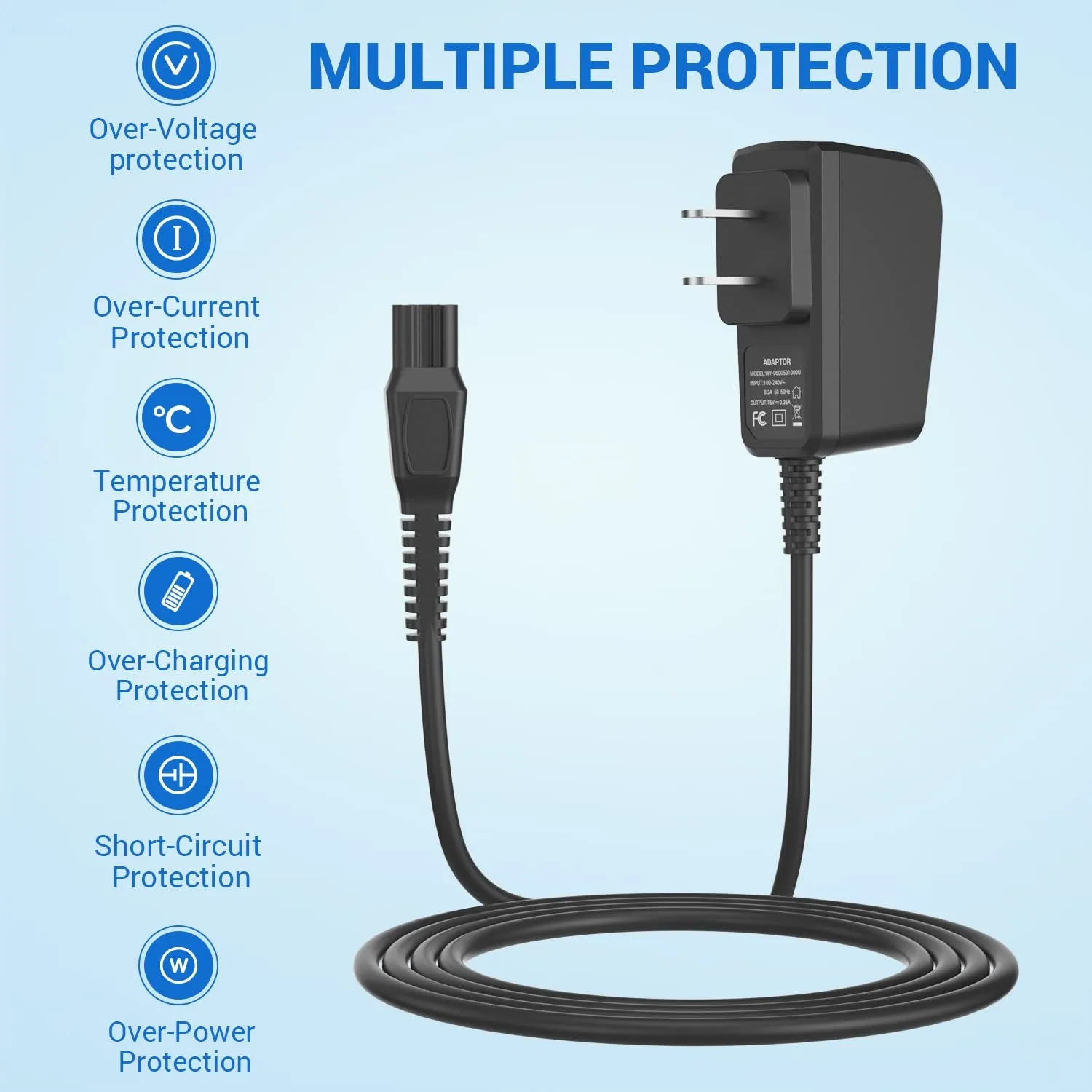Replacement for Philips Norelco Charger Cord Fit HQ8505 7000 5000 3000 Series 3500 Mg5750 Mg7750 S1560 Electric Shaver Razor, Aquatec, Arcitec, Multigroom Beard Trimmer & More 15V Power Cord Adapter