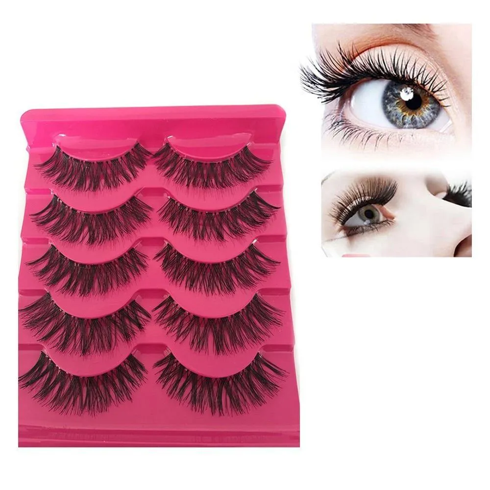 Soft Natural Long Cross Fake Eye Lashes Handmade,5 Pairs