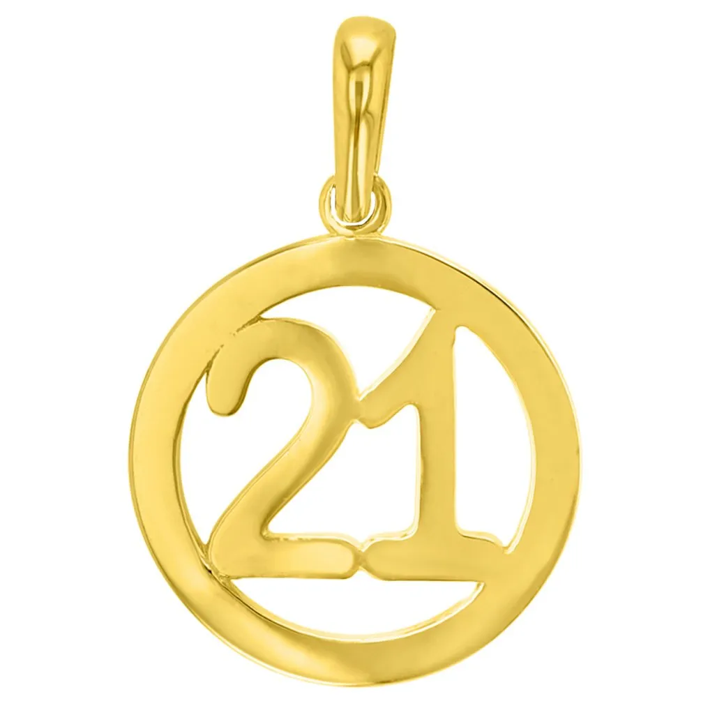 Solid 14K Yellow Gold Round Number Twenty One Charm Pendant with Figaro Chain Necklace