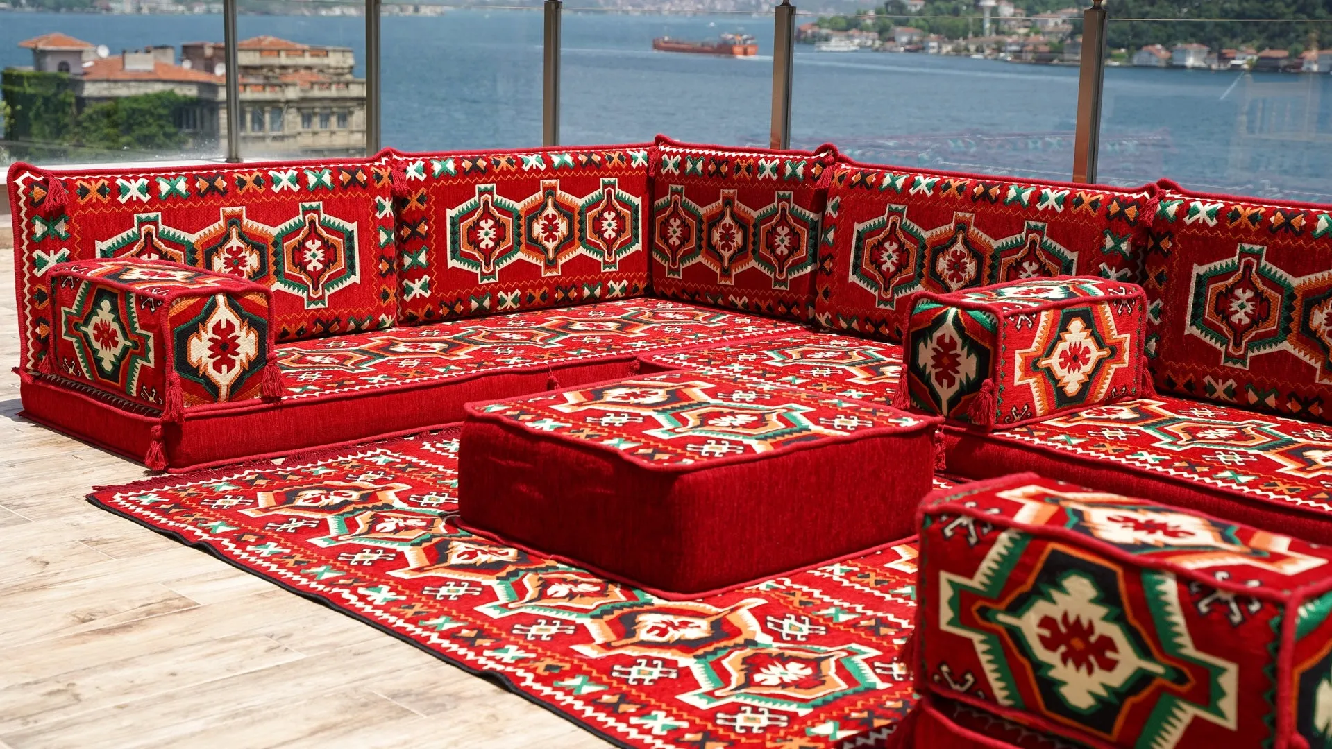 U Shaped Arabic Sofa Set, Red Floor Couch, Sectional Sofas, Arabic Majlis, Turkish Rug, Couch Covers, Sofa Bed