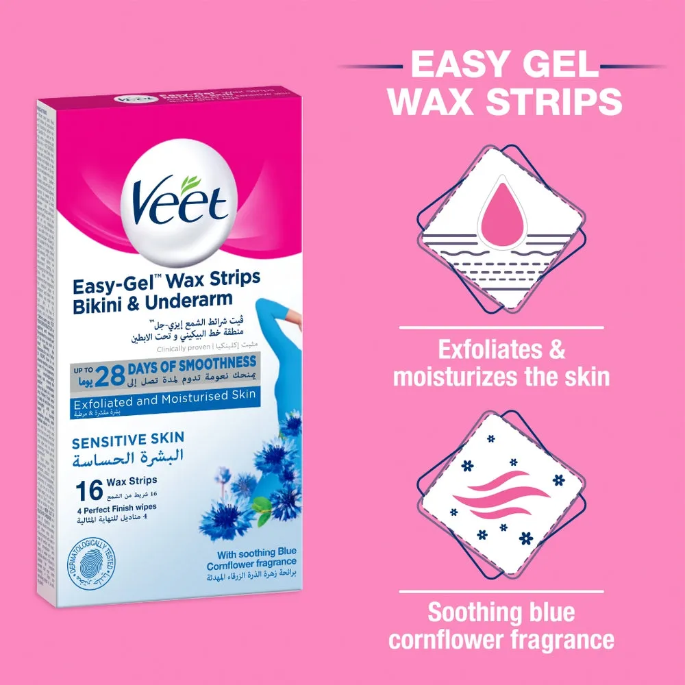 Veet Easy Gel Bikini Line and Underarm 16 Wax Strips For Sensitive Skin