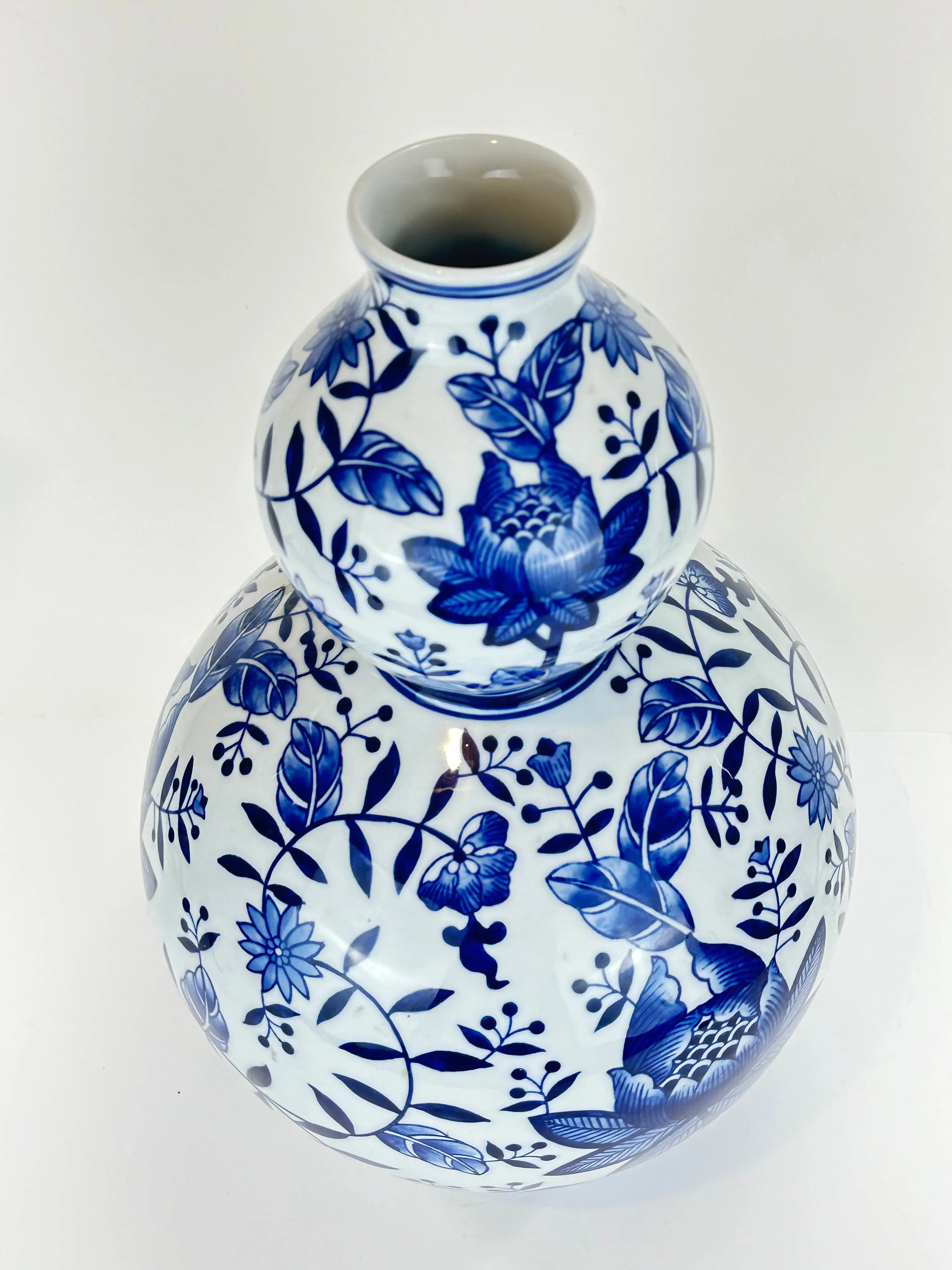 Vintage Chinese Large Vase Blue & White Gourd Shaped 20”H