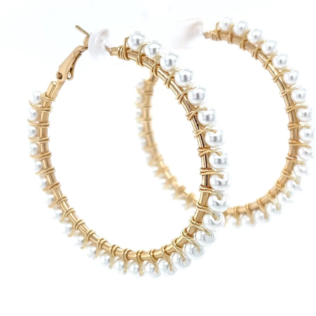 White Beaded Gold Hoop Earrings Large