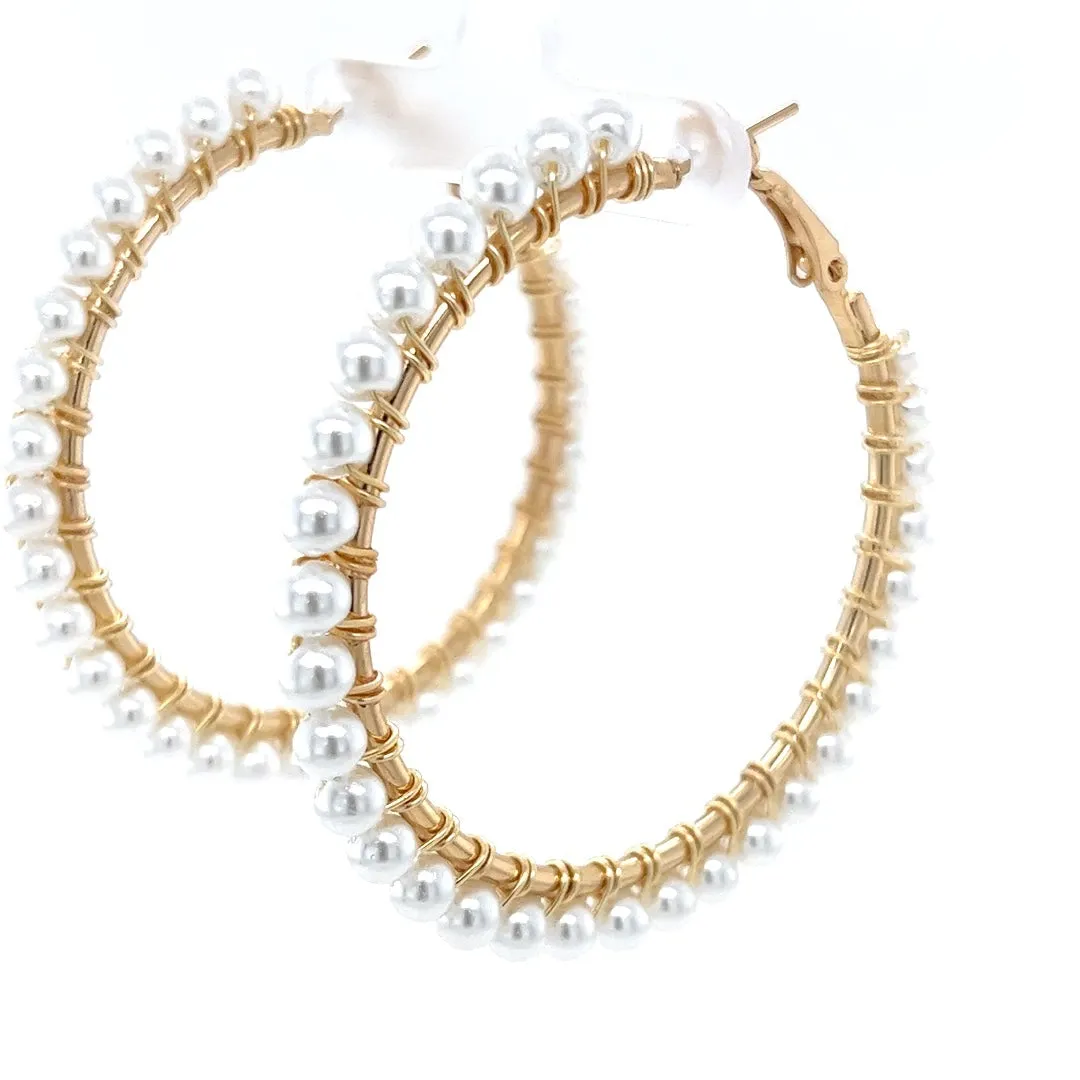White Beaded Gold Hoop Earrings Large