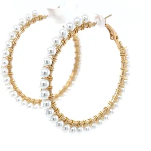 White Beaded Gold Hoop Earrings Large